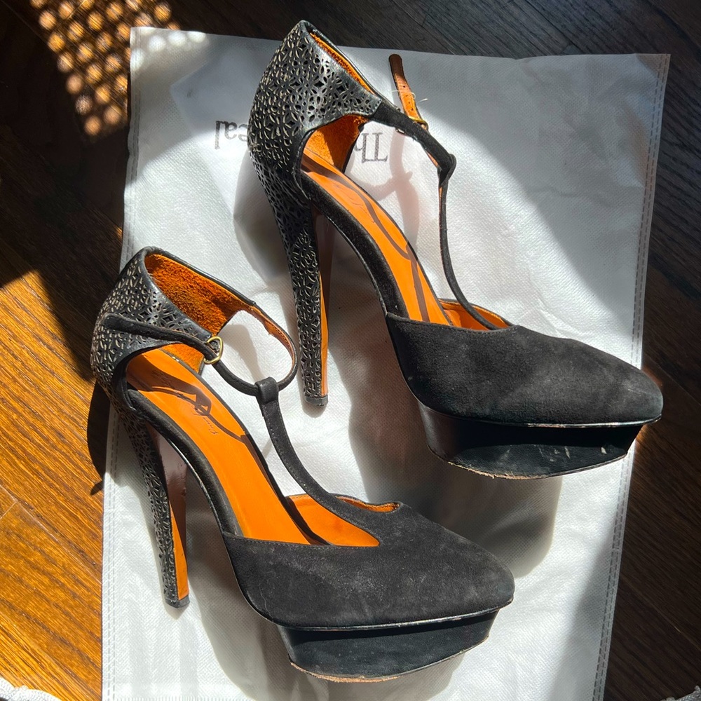 Black Suede Elizabeth & James Ankle Strap Platform Heels